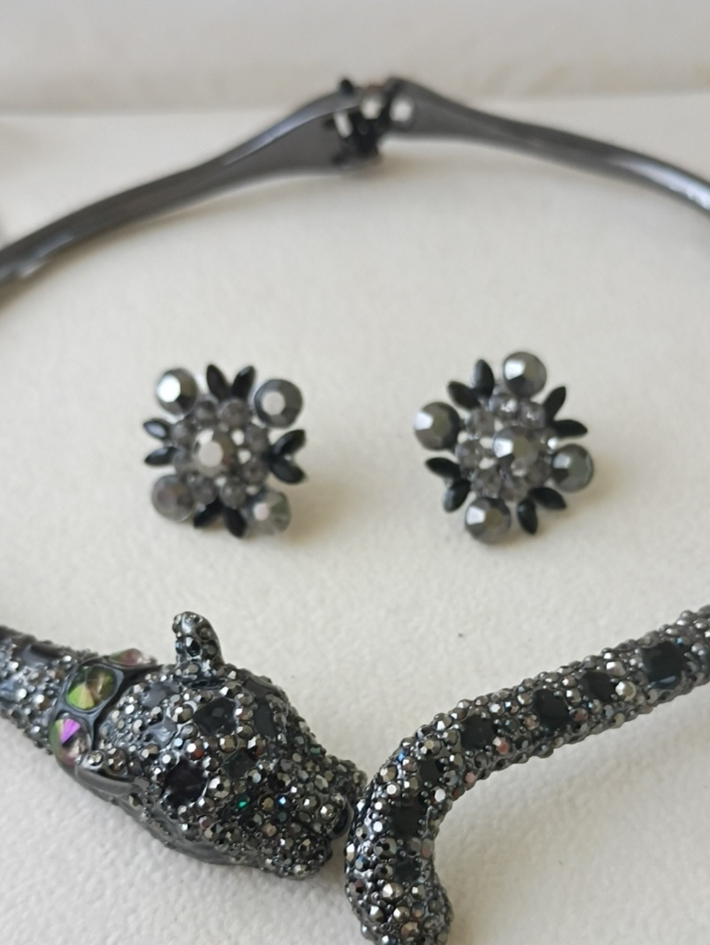 Crystal Pave Panther Necklace & Flower Stud Earrings - Black
